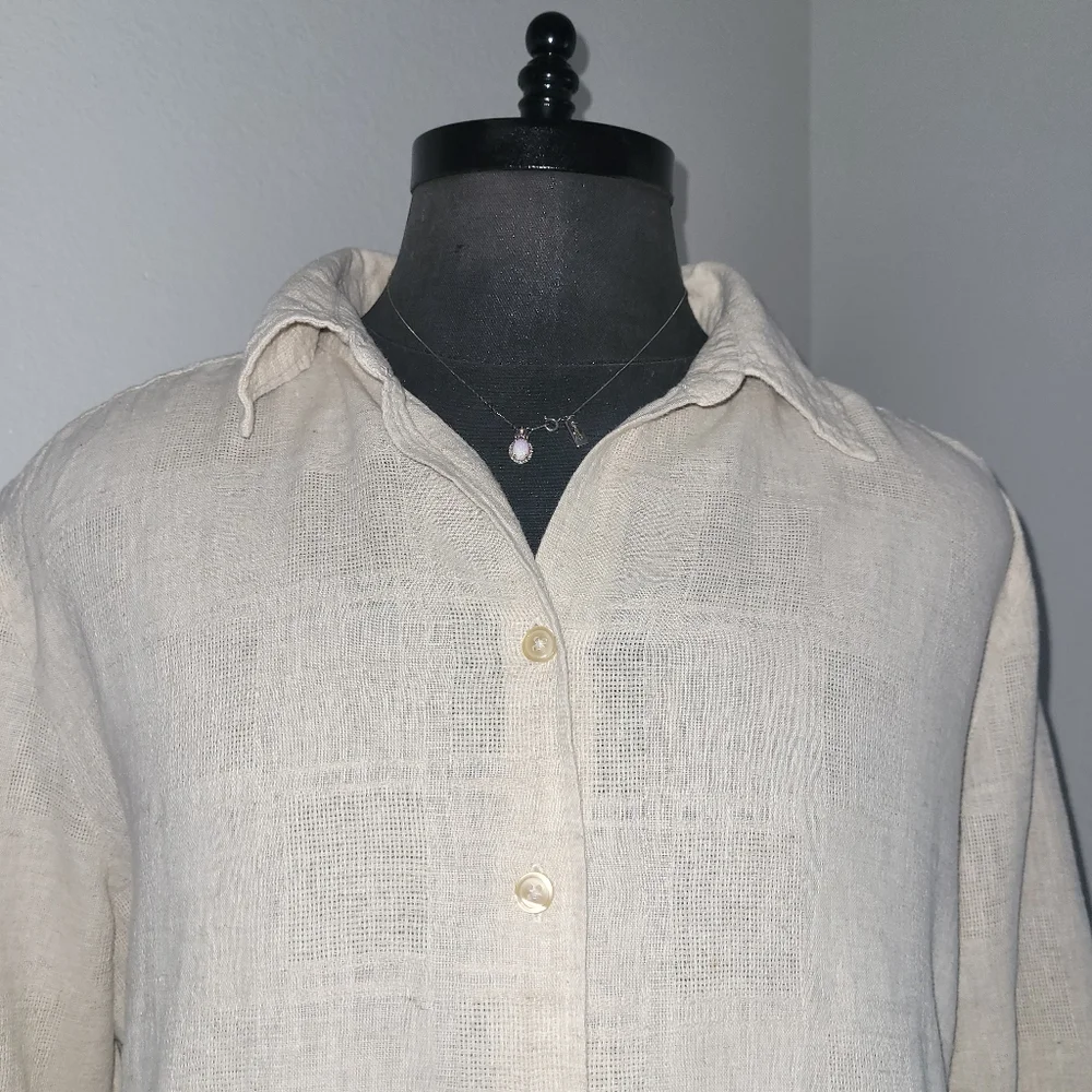 Classic Elements Cream Casual Button Down Women's Plus Size 16/18W Linen Shirt - Picture 2 of 9